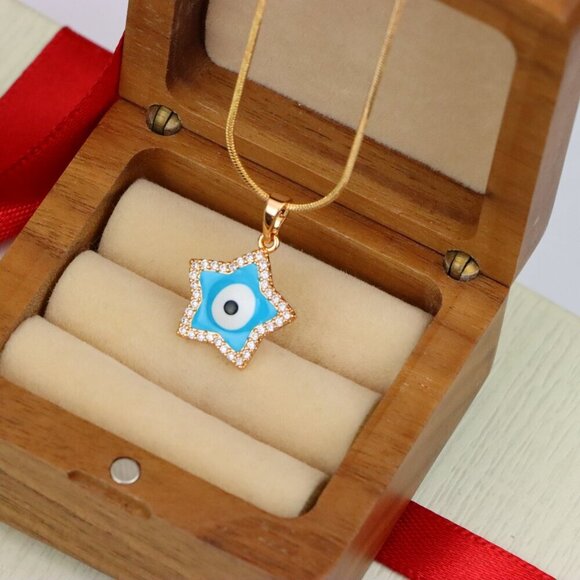 "Star-Shaped Evil Eye Pendant in Rose Gold with Sparkling Stones, XPPT1870 - Picture 2 of 13
